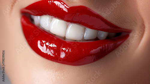 Glossy lips in a vibrant shade of red, exuding confidence and elegance with every smile.