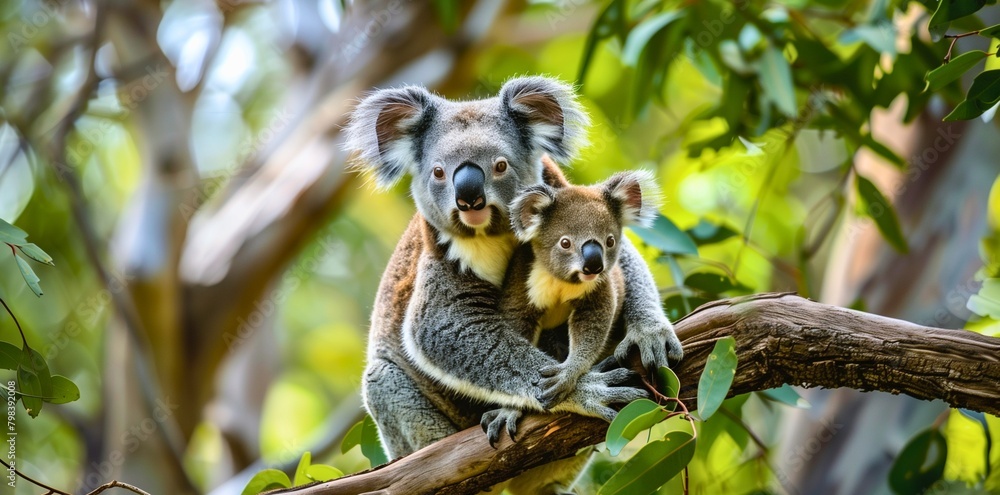 Mother koala carrying her joey on her back. Mother koala carrying her joey on her back.
