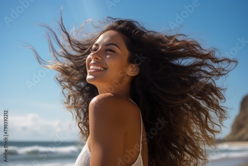 A Latina Brazilian woman standing with her hair gathered by the seaside laughing summer smile. photo