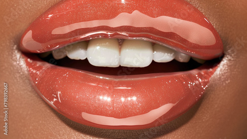 Juicy, glossy lips in a soft, natural hue, enhancing the natural beauty of the mouth with a touch of shine