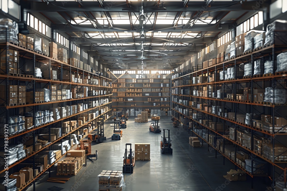 Capture a bustling warehouse from a dynamic birds-eye view with CG 3D rendering Show intricate details of organized shelves, forklifts in motion, and busy workers,