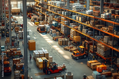 Capture a bustling warehouse from a dynamic birds-eye view with CG 3D rendering Show intricate details of organized shelves, forklifts in motion, and busy workers, © Nawarit