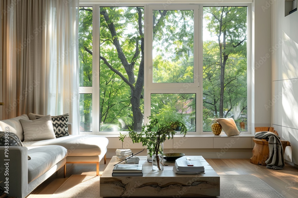 Bright and Spacious Tree-View Living Area: Seamless Indoor-Outdoor Integration