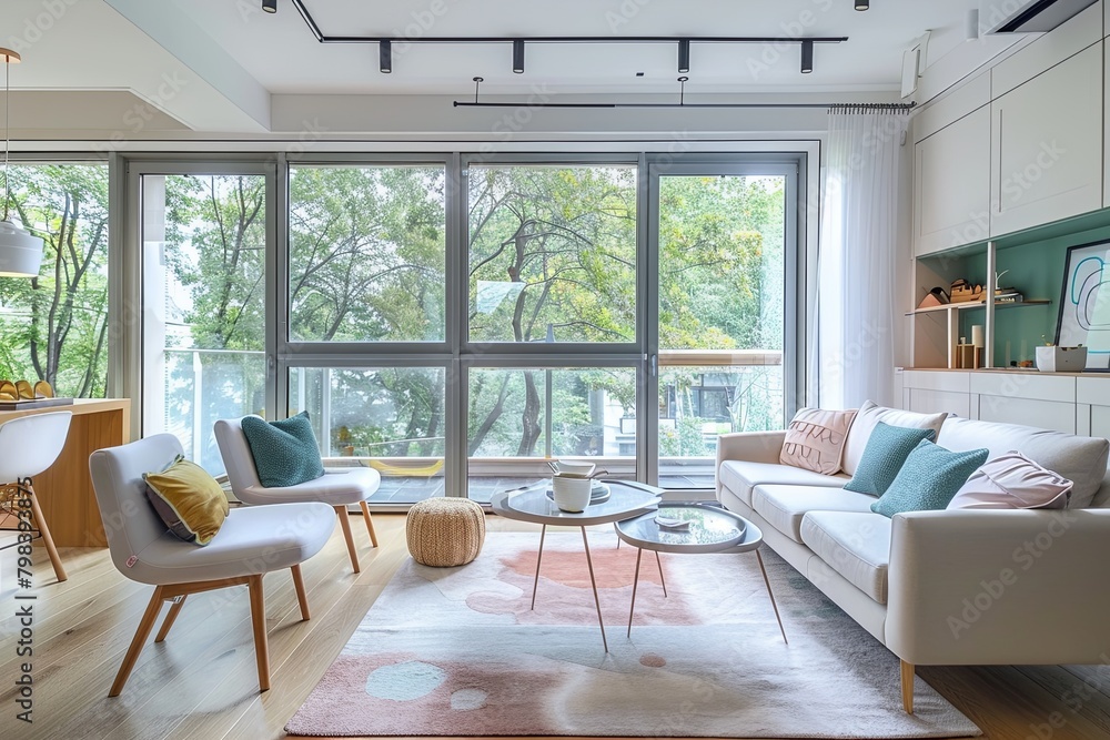 Fototapeta premium Chic Pastel Interior: Bright & Airy Apartment with Tree Views