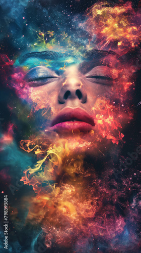 Cosmic dreams - abstract woman face with space elements