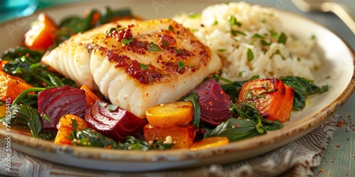 roasted vegetables zucchini, beetroot, spinach, parsley served with cod and boiled rice