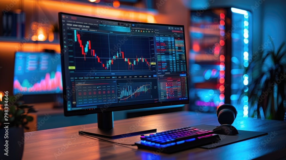 At night, data and charts displayed on computer monitors At night, data and charts displayed on computer monitors