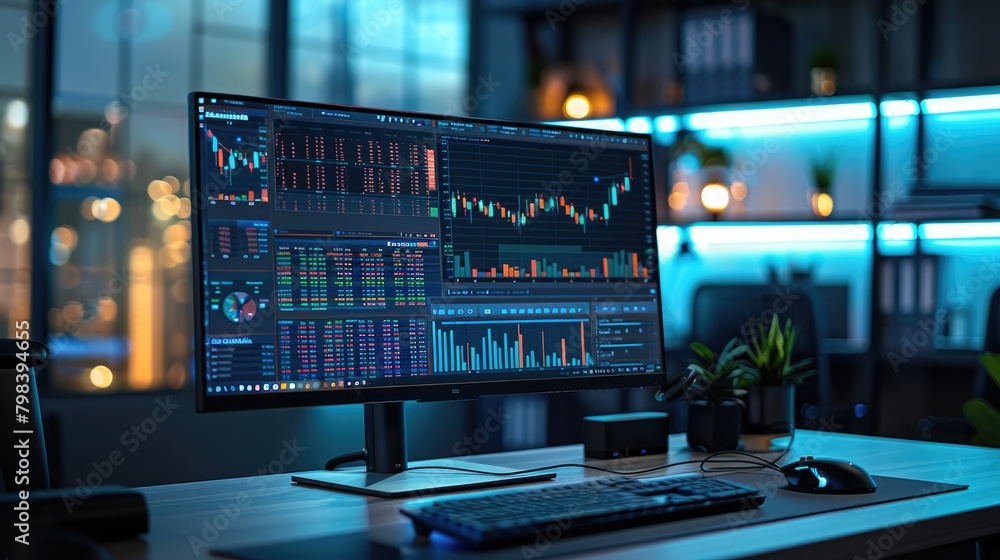 At night, data and charts displayed on computer monitors At night, data and charts displayed on computer monitors
