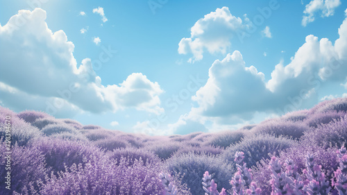 Lavender field under a sunny sky with fluffy clouds.