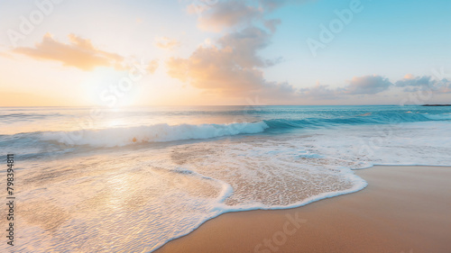 Sunrise at the beach with waves gently crashing on the sandy shore.