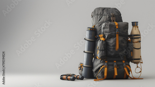 Fully packed hiking backpack with sleeping bag, mat, and sandals on a gray background.