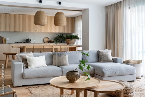 Natural Elements  Modern Living Space with Light Wood and Serene Decor