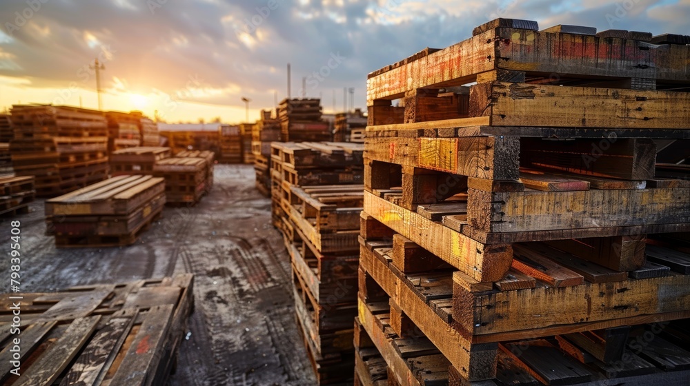 Sunset over a storage yard of wooden pallets in industrial setting Sunset over a storage yard of wooden pallets in industrial setting