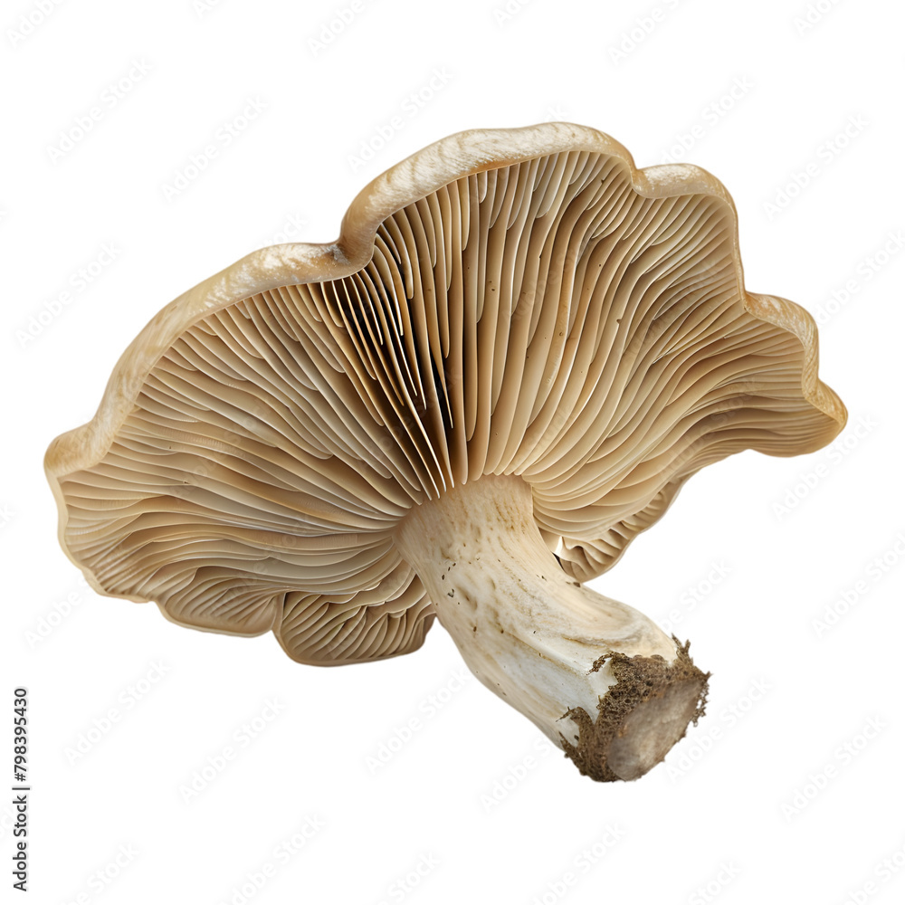 A single, fresh oyster mushroom with intricate gill details, transparent background, PNG Cutout A single, fresh oyster mushroom with intricate gill details, transparent background, PNG Cutout