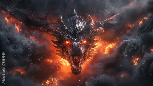 Fierce dragon head, glowing eyes and open mouth with sharp teeth surrounded by fire clouds photo