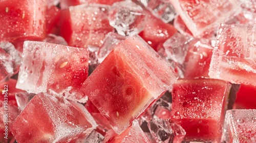 Frozen Watermelon Cubes with Ice Crystals Close-Up