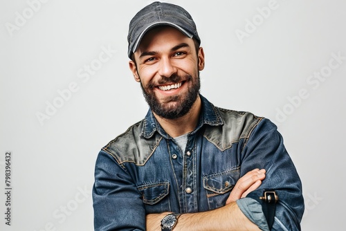 portrait a plumber smiling on white background photo