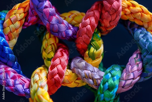 Diverse Partnership Strength Team Rope: The Vibrant Tapestry of Teamwork in a Multicolored Rope, Autism Metaphor Circular Group Culture Cohesion