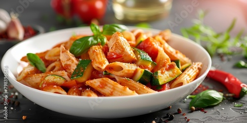 whole grain pasta in a tomato sauce with zucchini, bell peppers, and chicken