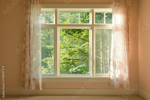 Elegant Natural Vibe Decor  Peach and Beige Tones  Foliage Views Through Large Window
