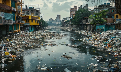 A river in the middle full of plastic waste and garbage floating down from urban slum cities in the background photo
