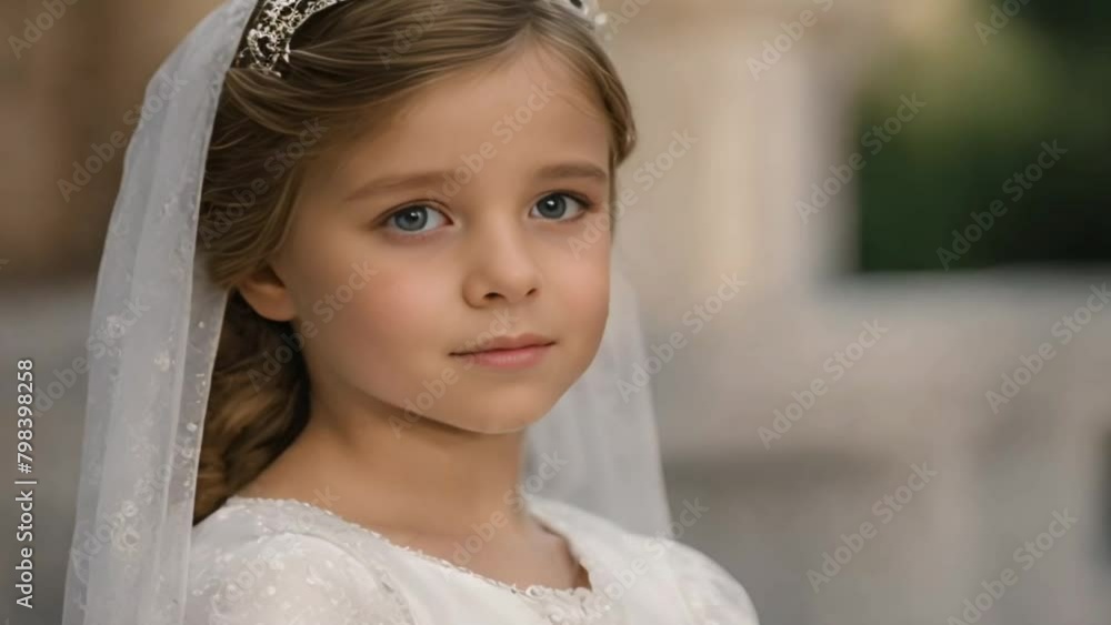 little girl with first communion dress on church little girl with first communion dress on church