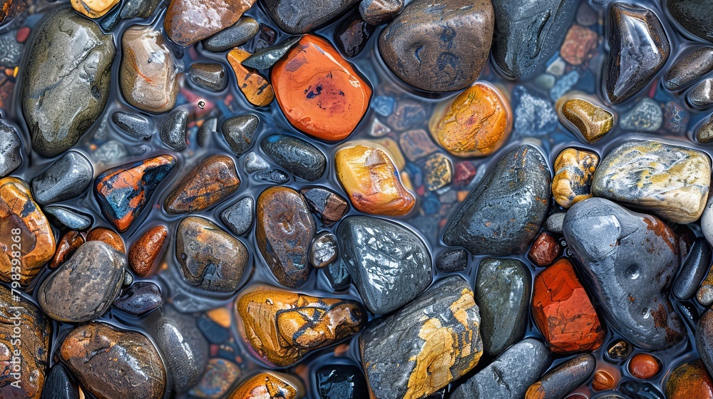 Close up shot of pebbles and stones on a riverbed, shaped by the gentle passage of water through the ages Close up shot of pebbles and stones on a riverbed, shaped by the gentle passage of water through the ages