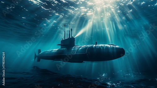 Submarine is underwater, shining its periscope towards the surface of water photo