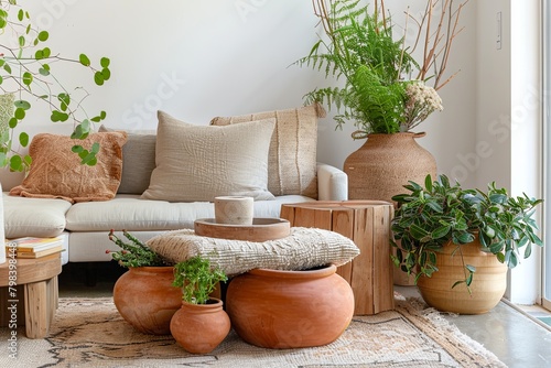 Terracotta Tranquility: Wooden Accents and Greenery in a Cozy Living Room Space