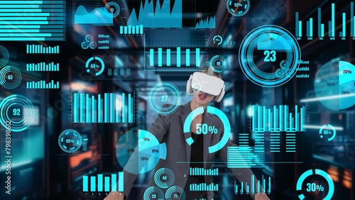 Businesswoman explaining dynamic market data calculated analysis big data business by VR innovation interface digital infographic network technology visual hologram animation at server. Contraption.