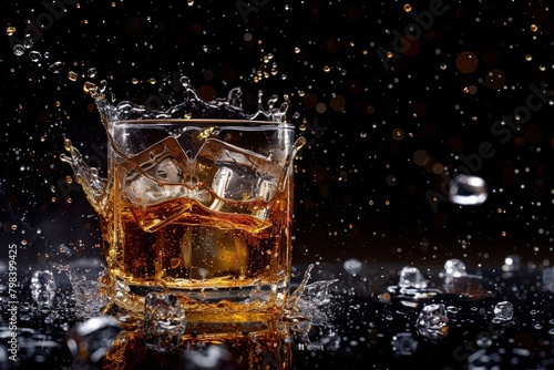 Whiskey glass with splashes of whiskey and ice cubes. Generate AI image