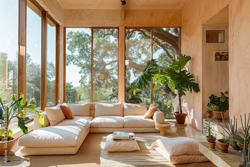 Sunlit Urban Oasis: Contemporary Lounge with Pastel Peach and Beige Palette, Sustainable Potted Plants