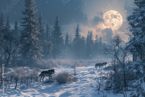  A pack of wolves moving silently through a snowy forest under the moonlight, a scene of untamed wilderness,Gray wolf isolated on white background Gray wolf,Canis lupus, wolf standing in the snow