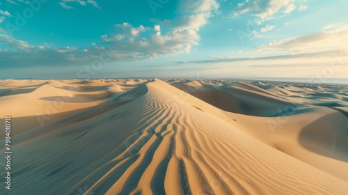 A wide expanse of sand dunes fills the landscape under a clear blue sky. The undulating dunes stretch out into the distance, creating a mesmerizing natural scene. photo