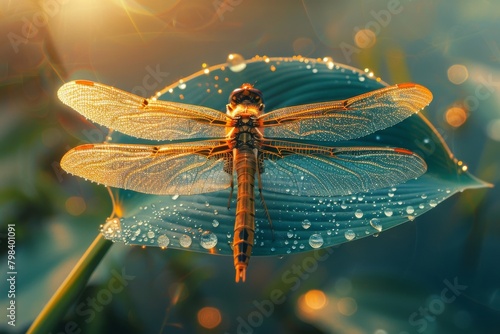 Anisoptera ,A close-up of a dragonfly resting on a dew-covered leaf, its intricate wings highlighted by the morning ,Extreme macro shots, dragonfly wings detail. isolated on a white background.