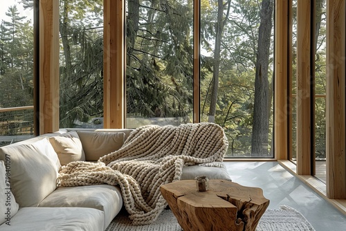Minimalist Interior with Nature Views and Wooden Accents: Tranquil Space with Chunky Knit Throw and Expansive Tree Views