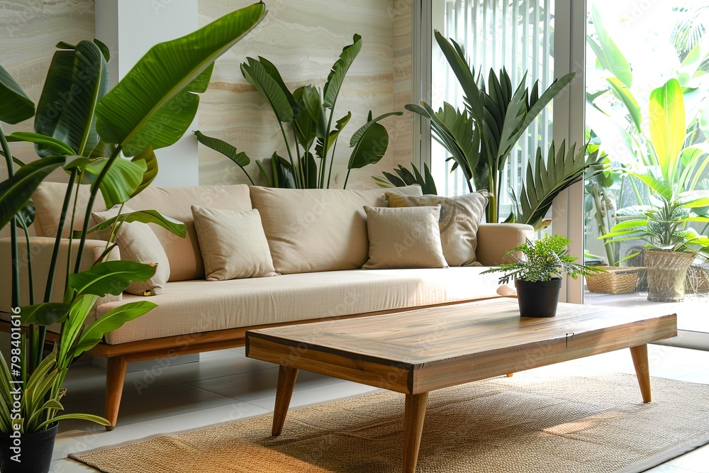 Modern Space: Cozy Minimalist Living Room with Lush Foliage & Sleek Accents