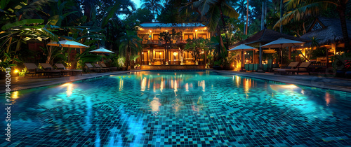 A luxurious tropical resort pool at night, perfect for relaxation and vacation