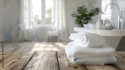On a wooden table, white towels are elegantly displayed within a blurred bathroom interior setting.