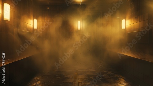 A steamy sauna room with dim lighting creating a calming and intimate atmosphere for patients to open up and heal.. photo