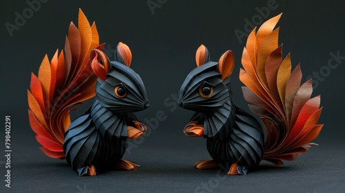 Two adorable squirrels crafted from intricately folded black and orange paper set against a stark black backdrop © 2rogan