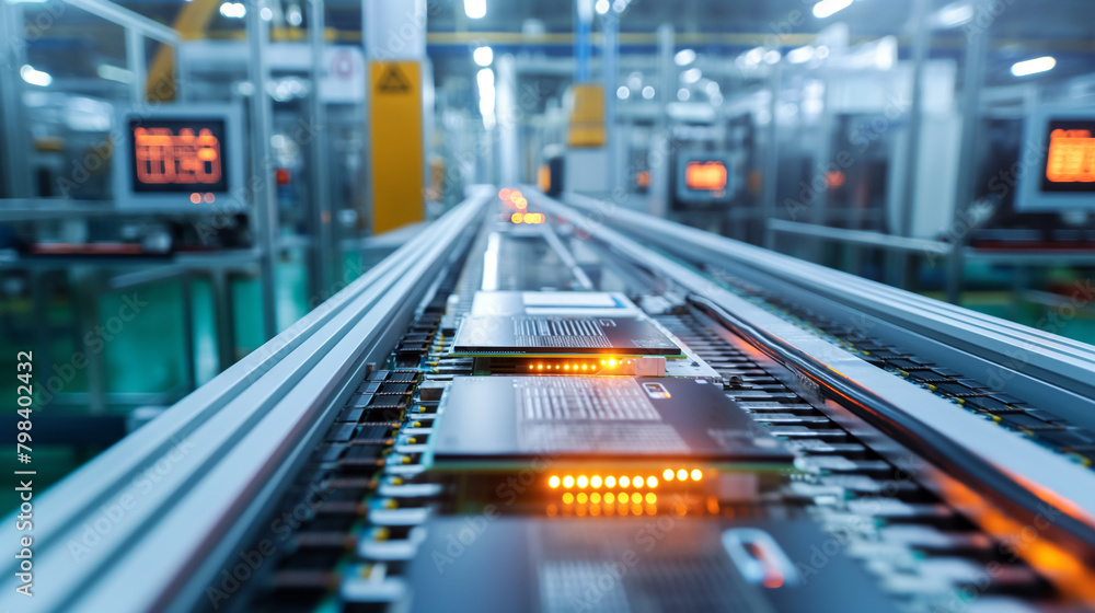 computer chips assembly line in manufacturing plant, modern electronics production factory computer chips assembly line in manufacturing plant, modern electronics production factory
