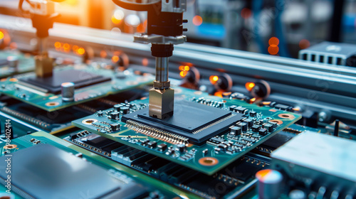 computer chips assembly line in manufacturing plant, modern electronics production factory 