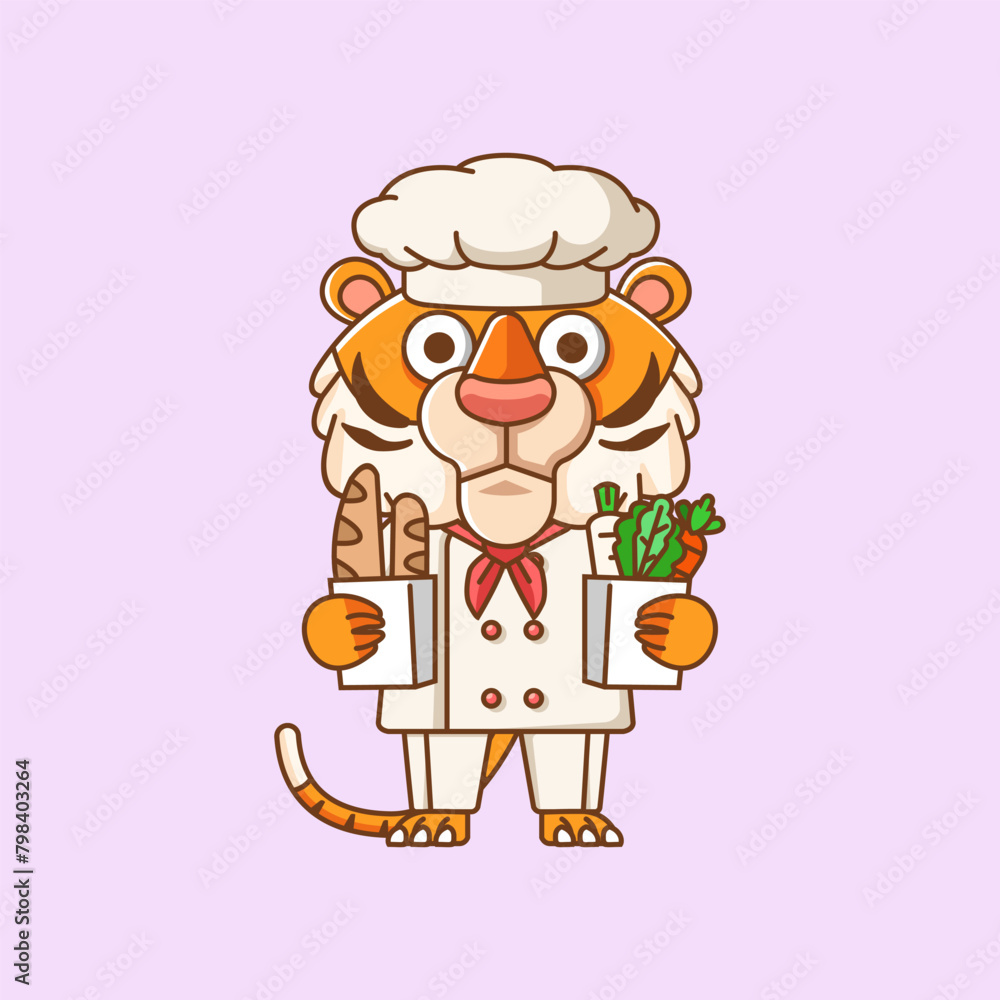 Cute tiger chef cook serve food animal chibi character mascot icon flat line art style illustration concept cartoon Cute tiger chef cook serve food animal chibi character mascot icon flat line art style illustration concept cartoon