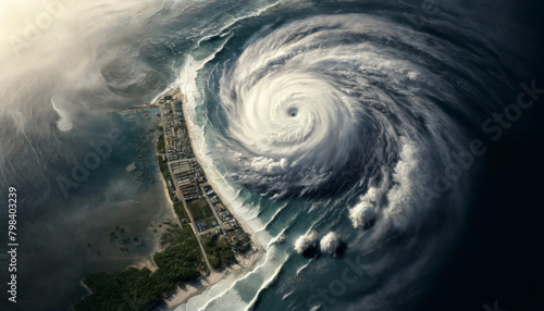 A massive hurricane spiraling towards a city on the coast, threatening extreme weather. photo