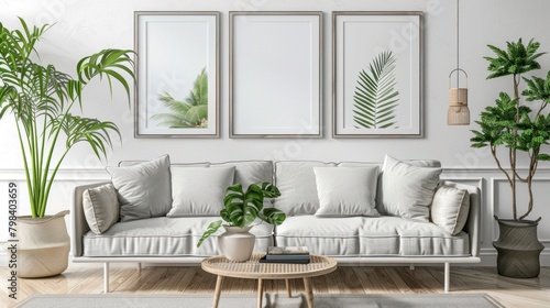 Square poster mockup with Three frames on empty white wall in living room interior. photo