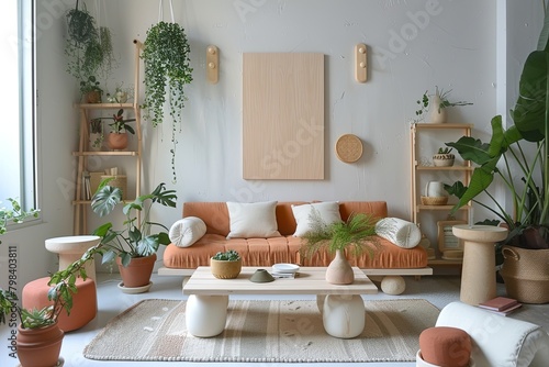 Terracotta Accents and Pastel Wooden Decor  A Serene Living Room with Soft Aesthetics