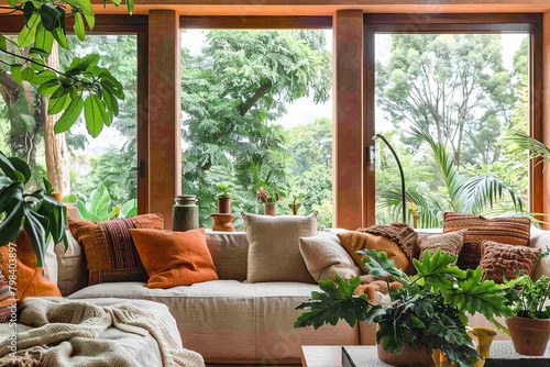 Terracotta Haven: Soft Living Room with Greenery and Tree Views
