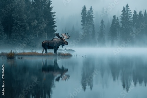 moose standing by a misty lake in the early morning, its reflection perfectly mirrored in the still water ,Moose isolated on white,Bull moose in Algonguin Park, Ontario, Canada, hiding among the tress