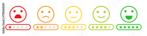 Star rating. Feedback emoji icon set. Rating emojis set in different colors outline. Flat icon set of rating and feedback emojis icons color outline. Emotion levels on scale different faces icons.
